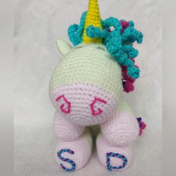 Unicorn plush. Curlicue mane, tail. Customizable initials, colors! Artisan made - Picture 11 of 15